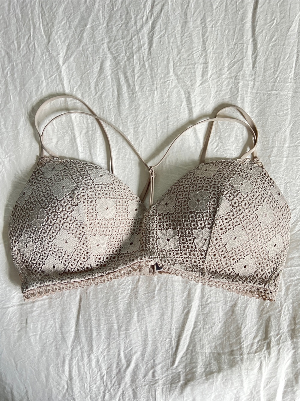 Aerie Lace Wireless Bra 34D Taupe Nude Padded Boho Romantic Bralette